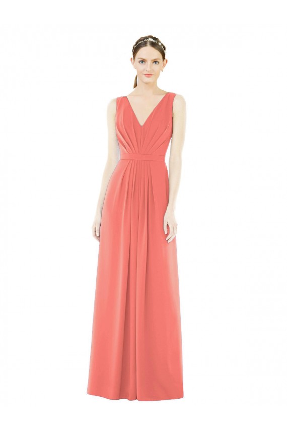 V-Neck Long Soft Chiffon Coral A-Line Sleeveless Bridesmaid Dress Darwin