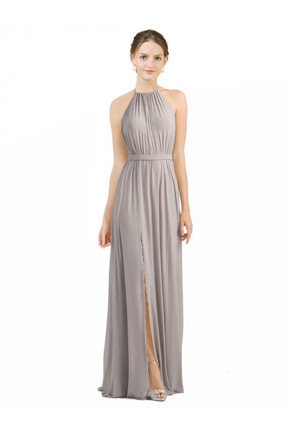 Halter Neck Long Soft Chiffon Oyster Silver Sleeveless Bridesmaid Dress Darwin