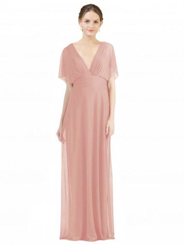 V-Neck Long Soft Chiffon Bliss Pink Short Sleeves Bridesmaid Dress / Formal Dress Darwin