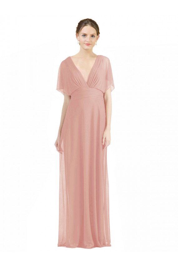 V-Neck Long Soft Chiffon Bliss Pink Short Sleeves Bridesmaid Dress / Formal Dress Darwin