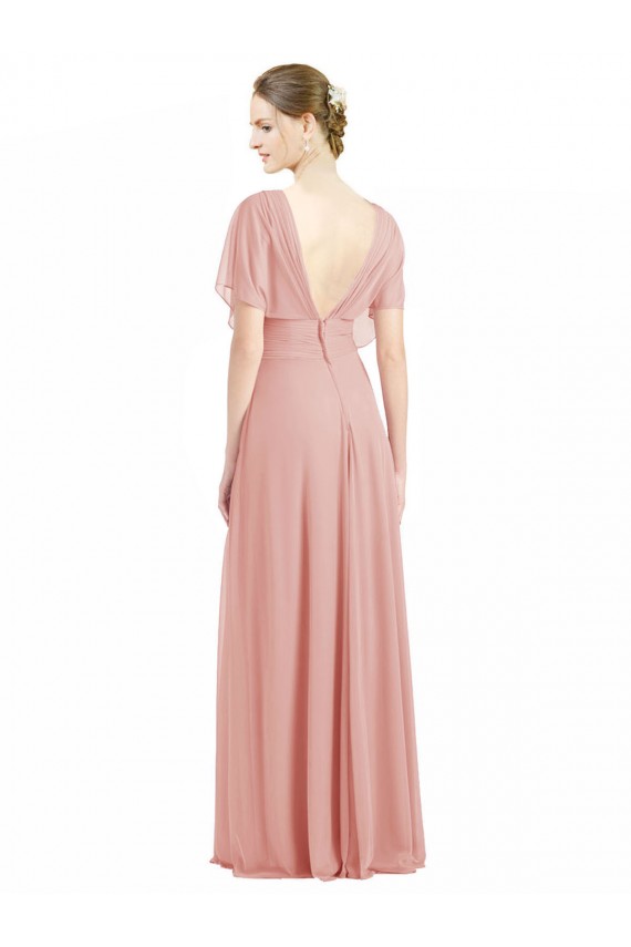 V-Neck Long Soft Chiffon Bliss Pink Short Sleeves Bridesmaid Dress / Formal Dress Darwin