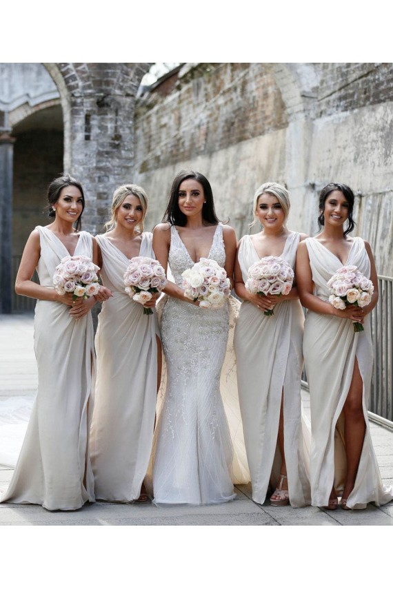 V-Neck Long Soft Chiffon Champagne Sleeveless Bridesmaid Dress Darwin