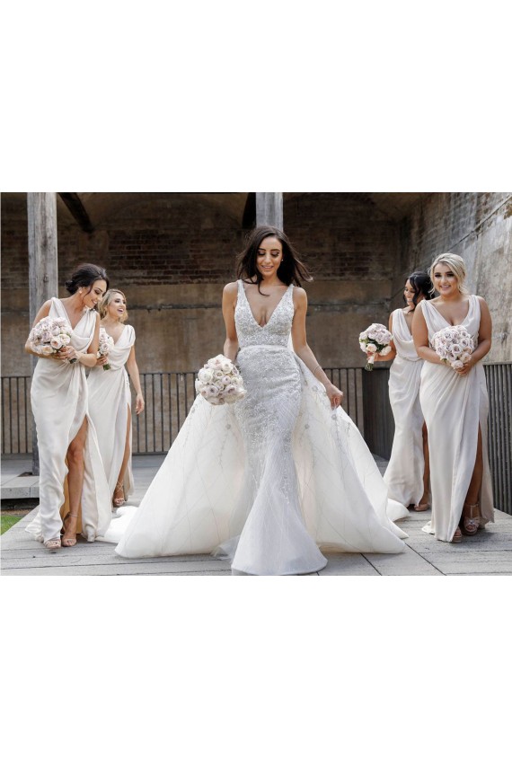 V-Neck Long Soft Chiffon Champagne Sleeveless Bridesmaid Dress Darwin