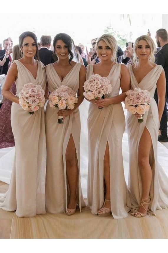 V-Neck Long Soft Chiffon Champagne Sleeveless Bridesmaid Dress Darwin