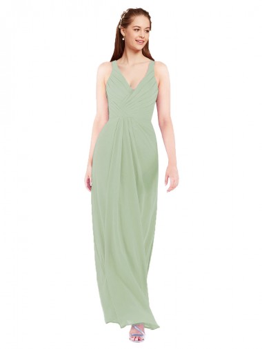 V-Neck Long Soft Chiffon Smoke Green Sheath Sleeveless Bridesmaid Dress Darwin