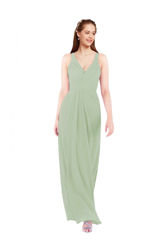 V-Neck Long Soft Chiffon Smoke Green Sheath Sleeveless Bridesmaid Dress Darwin