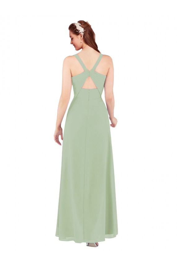 V-Neck Long Soft Chiffon Smoke Green Sheath Sleeveless Bridesmaid Dress Darwin