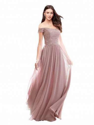 Off the Shoulder Long Soft Chiffon & Lace Pink Cap Sleeves Bridesmaid Dress Darwin