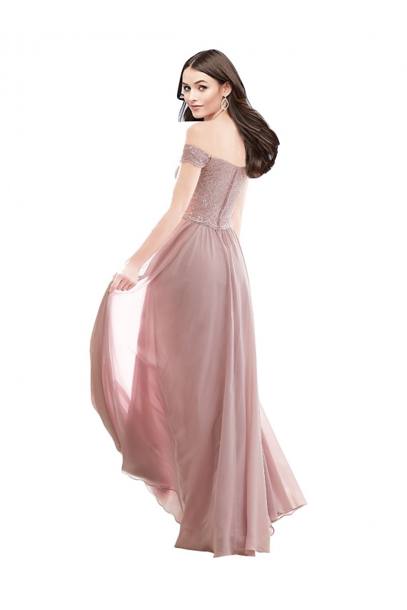 Off the Shoulder Long Soft Chiffon & Lace Pink Cap Sleeves Bridesmaid Dress Darwin