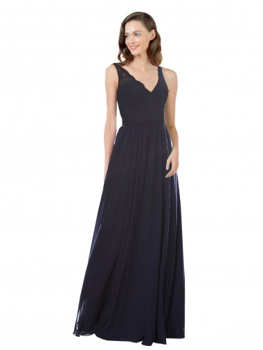 V-Neck Long Soft Chiffon & Lace Dark Navy Sleeveless Bridesmaid Dress Darwin