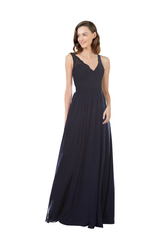 V-Neck Long Soft Chiffon & Lace Dark Navy Sleeveless Bridesmaid Dress Darwin