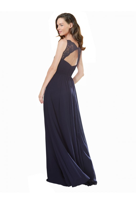 V-Neck Long Soft Chiffon & Lace Dark Navy Sleeveless Bridesmaid Dress Darwin