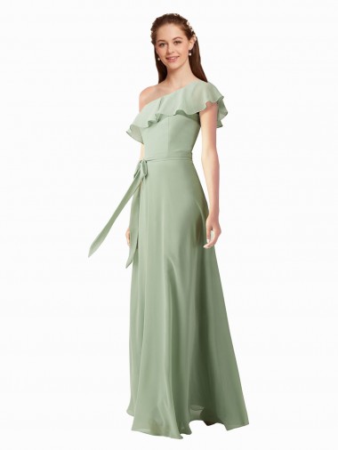 One Shoulder Long Soft Chiffon Smoke Green Flutter Sleeves Bridesmaid Dress Darwin