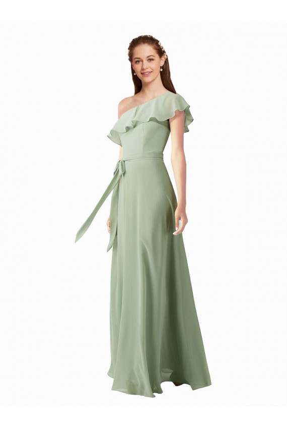 One Shoulder Long Soft Chiffon Smoke Green Flutter Sleeves Bridesmaid Dress Darwin
