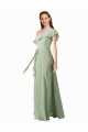 One Shoulder Long Soft Chiffon Smoke Green Flutter Sleeves Bridesmaid Dress Darwin