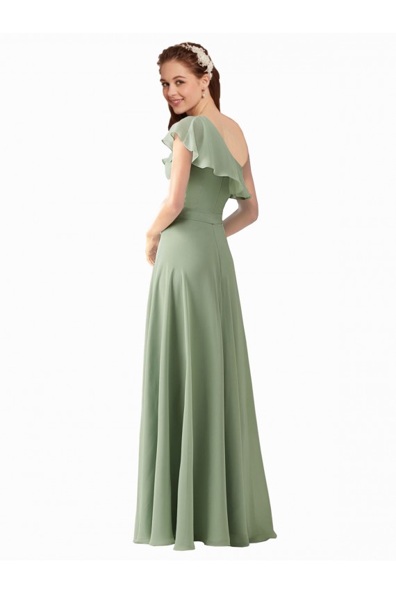 One Shoulder Long Soft Chiffon Smoke Green Flutter Sleeves Bridesmaid Dress Darwin