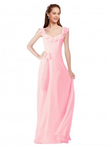 V-Neck Long Soft Chiffon Pink Cap Sleeves Bridesmaid Dress Darwin