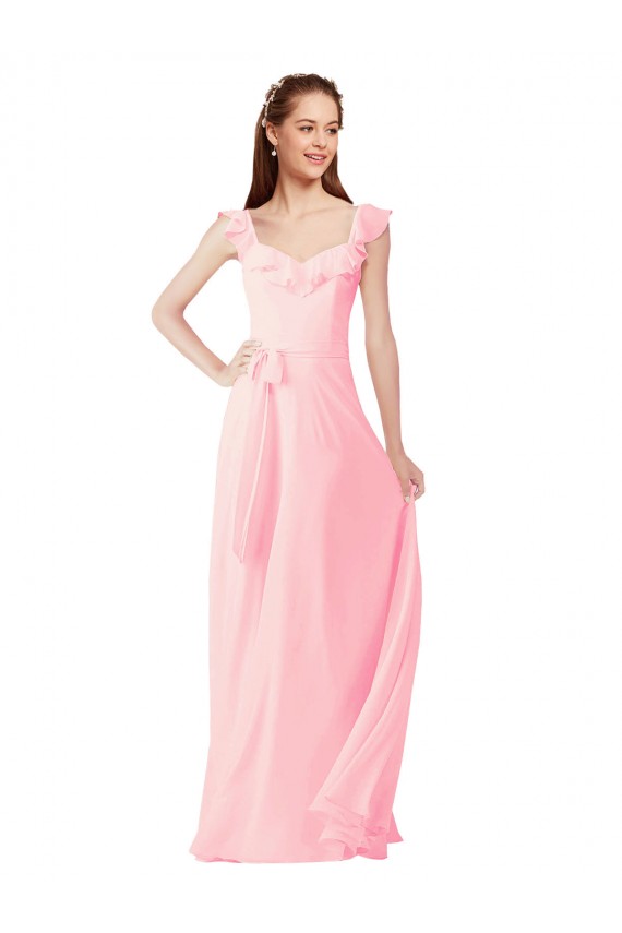V-Neck Long Soft Chiffon Pink Cap Sleeves Bridesmaid Dress Darwin