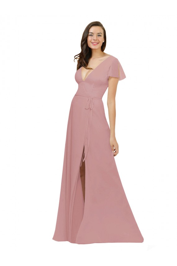 V-Neck Long Chiffon Dusty Pink Flutter Sleeves Bridesmaid Dress / Evening Dress Darwin
