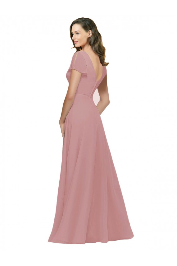 V-Neck Long Chiffon Dusty Pink Flutter Sleeves Bridesmaid Dress / Evening Dress Darwin