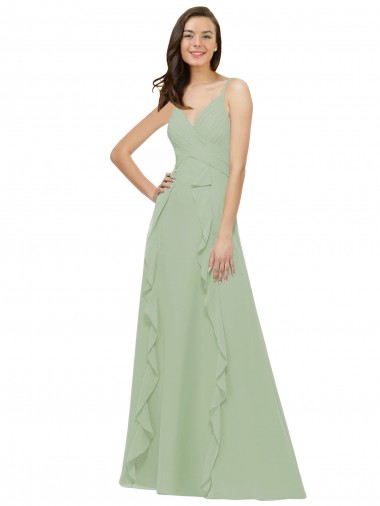V-Neck Long Soft Chiffon Smoke Green Sleeveless Bridesmaid Dress Darwin