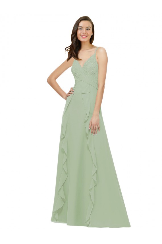 V-Neck Long Soft Chiffon Smoke Green Sleeveless Bridesmaid Dress Darwin