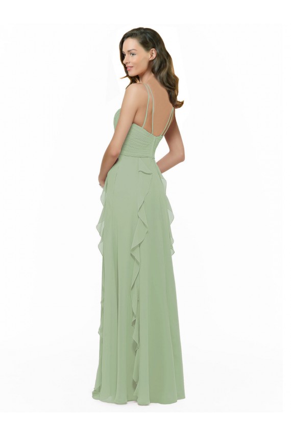V-Neck Long Soft Chiffon Smoke Green Sleeveless Bridesmaid Dress Darwin