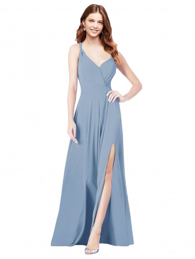 V-Neck Long Soft Chiffon Dusty Blue Sleeveless Formal Dress / Bridesmaid Dress Darwin
