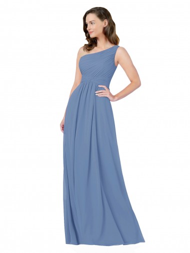 One Shoulder Long Soft Chiffon Windsor Blue Sleeveless Bridesmaid Dress Darwin