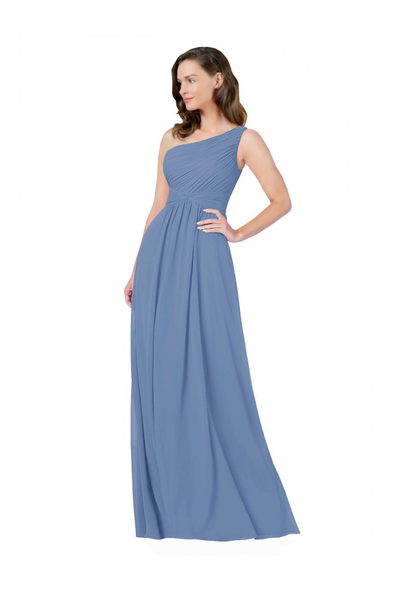 One Shoulder Long Soft Chiffon Windsor Blue Sleeveless Bridesmaid Dress Darwin