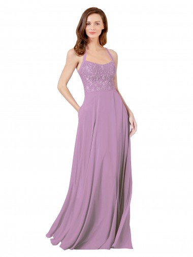 Spaghetti Straps Long Soft Chiffon & Lace Dark Lavender Sleeveless Bridesmaid Dress Darwin