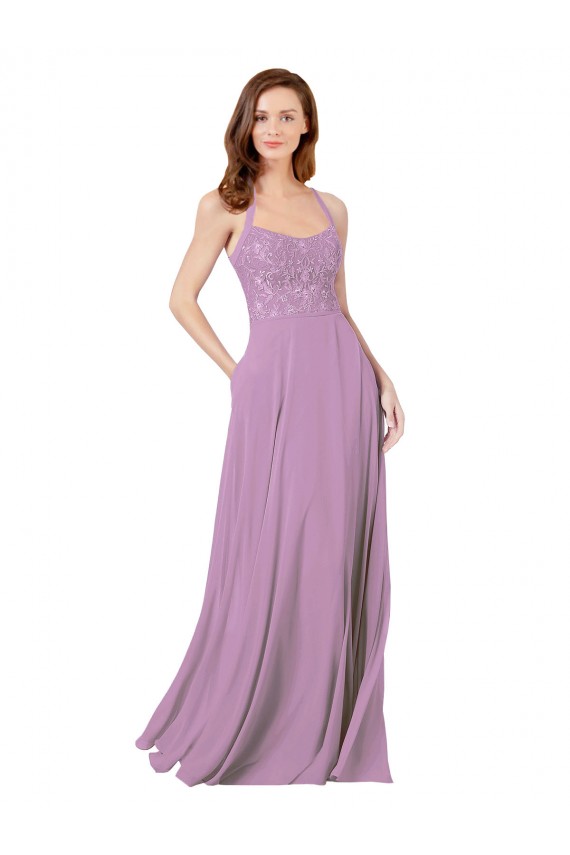 Spaghetti Straps Long Soft Chiffon & Lace Dark Lavender Sleeveless Bridesmaid Dress Darwin