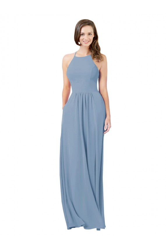 Halter Neck Long Chiffon Dusty Blue Sleeveless Bridesmaid Gowns Darwin