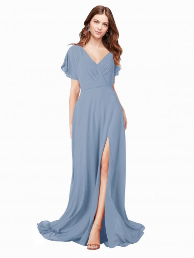 V-Neck Long Soft Chiffon Dusty Blue Cap Sleeves Black Tie Prom Dress / Bridesmaid Dress Darwin
