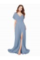V-Neck Long Soft Chiffon Dusty Blue Cap Sleeves Black Tie Prom Dress / Bridesmaid Dress Darwin
