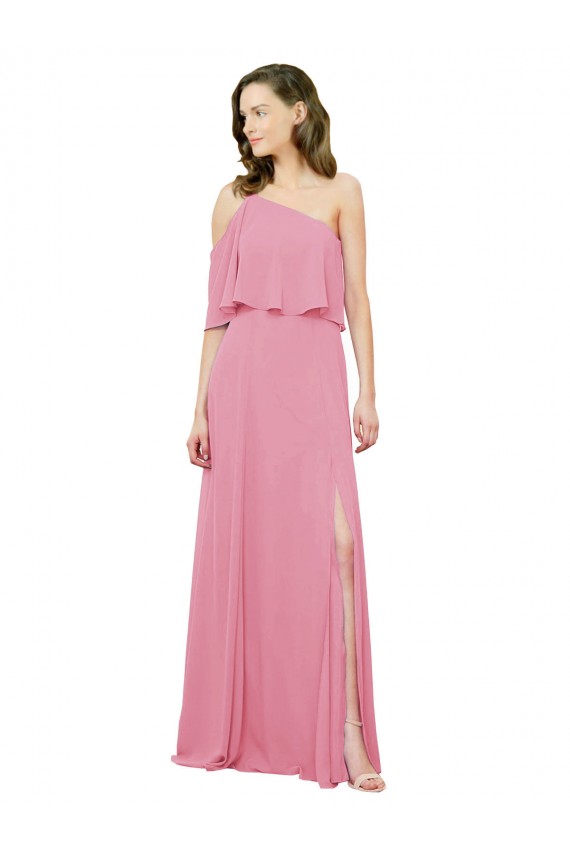 One Shoulder Long Soft Chiffon Skin Pink Sleeveless Bridal Party Dress Darwin