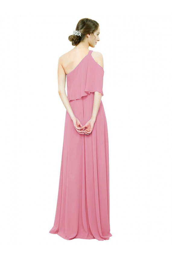 One Shoulder Long Soft Chiffon Skin Pink Sleeveless Bridal Party Dress Darwin