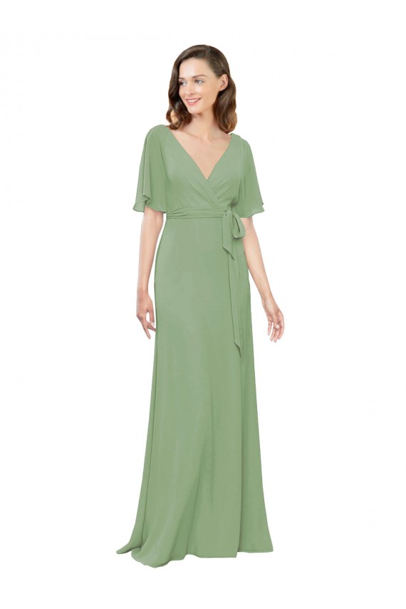 V-Neck Long Soft Chiffon Seagrass Short Flutter Sleeves Bridesmaid Dress Darwin