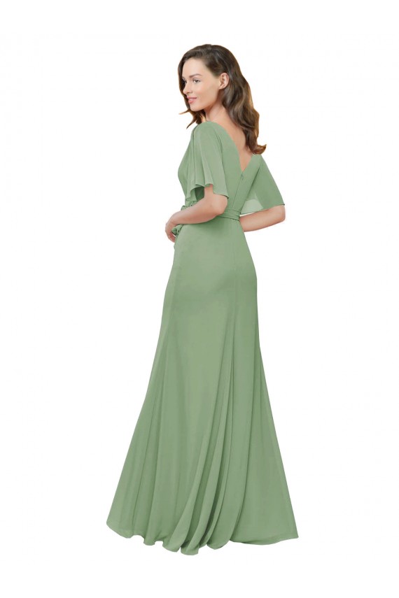V-Neck Long Soft Chiffon Seagrass Short Flutter Sleeves Bridesmaid Dress Darwin