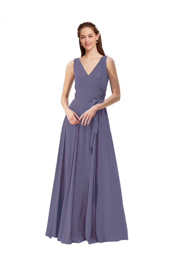 V-Neck Long Soft Chiffon Silver Stone Sleeveless Bridesmaid Dress Darwin