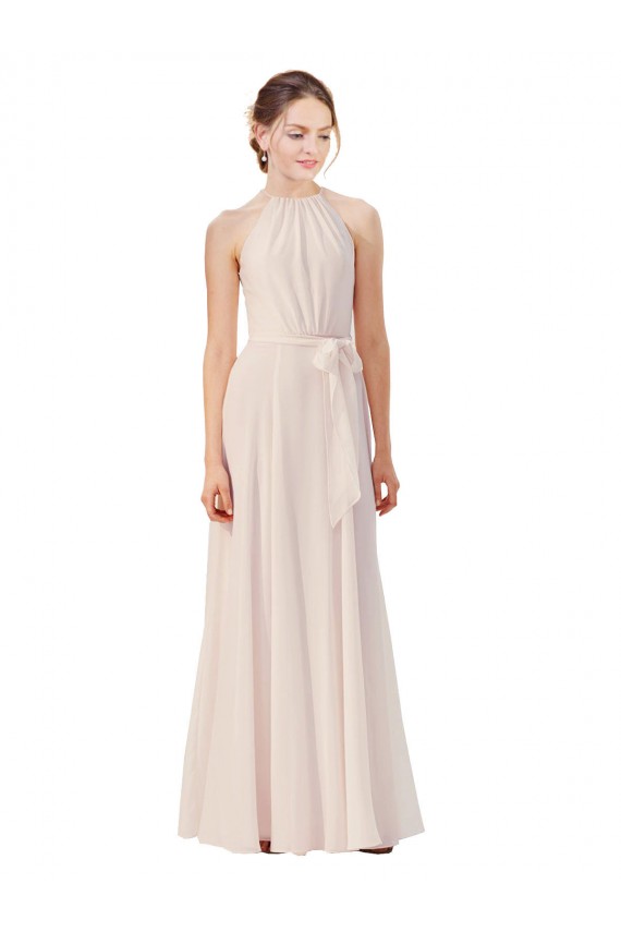 High Neck Long Soft Chiffon Cream Pink Sleeveless Bridesmaid Dress Darwin