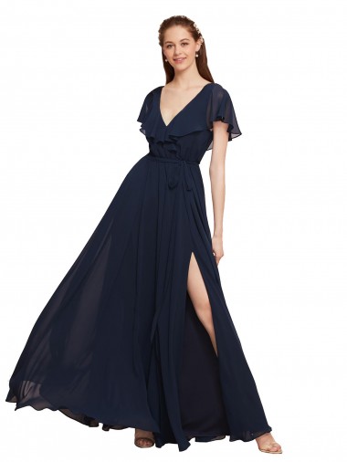 V-Neck Long Chiffon Dark Navy Cap Sleeves Evening Gowns / Bridesmaid Dresses Darwin