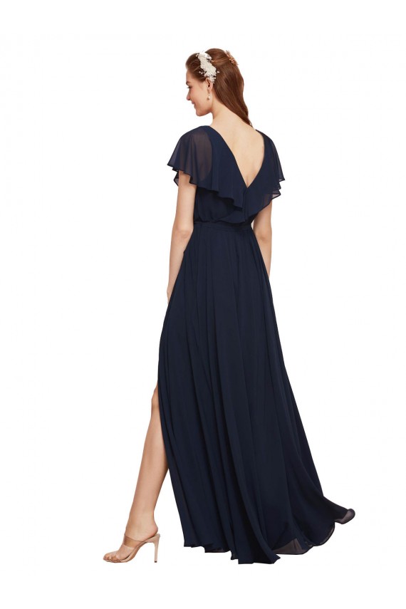 V-Neck Long Chiffon Dark Navy Cap Sleeves Evening Gowns / Bridesmaid Dresses Darwin