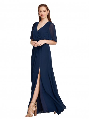 V-Neck Long Soft Chiffon Dark Navy Flutter Sleeves Bridesmaid Dress / Formal Dress Darwin