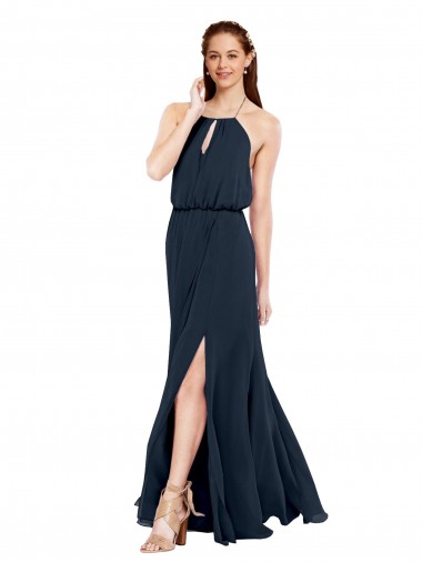 Halter Neck Long Chiffon Dark Navy Sleeveless Bridesmaid Dress / Evening Dress Darwin