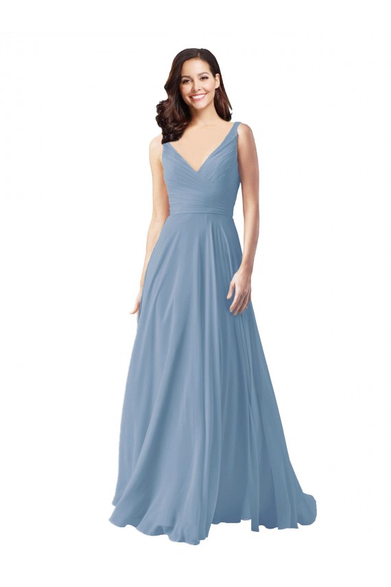 V-Neck Long Chiffon Dusty Blue Sleeveless Wedding Party Dress Darwin