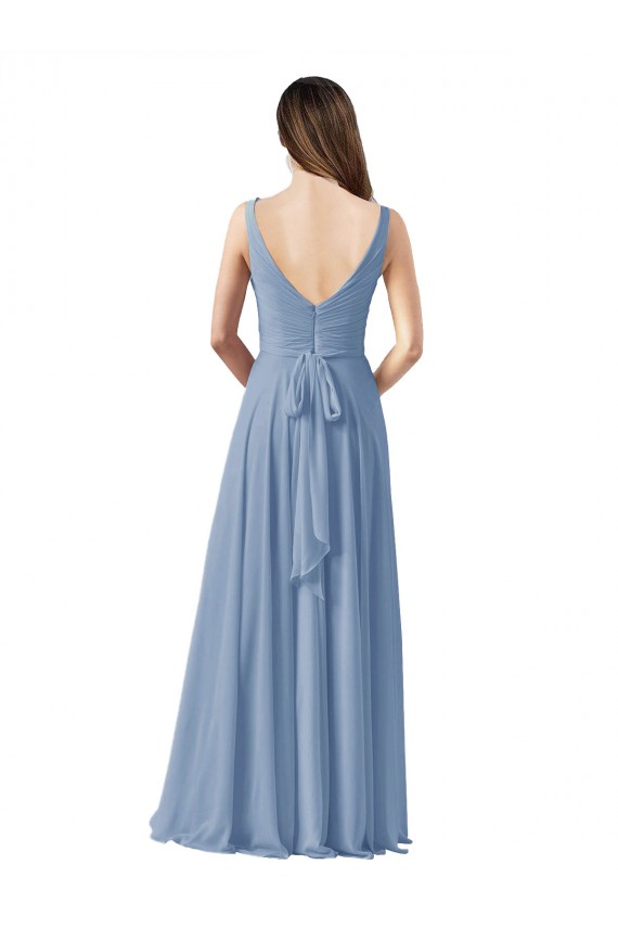 V-Neck Long Chiffon Dusty Blue Sleeveless Wedding Party Dress Darwin