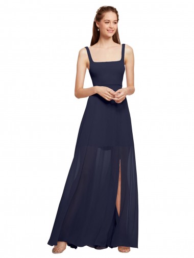 Square Neck Long Chiffon Dark Navy Sleeveless Bridesmaid Dress / Evening Dress Darwin