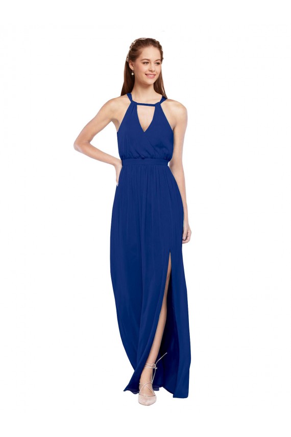 High Neck Long Soft Chiffon Royal Blue A-Line Sleeveless Bridesmaid Dress Darwin