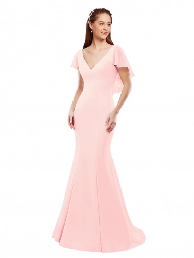 V-Neck Long Soft Chiffon Pink Flutter Sleeves Bridesmaid Dress Darwin